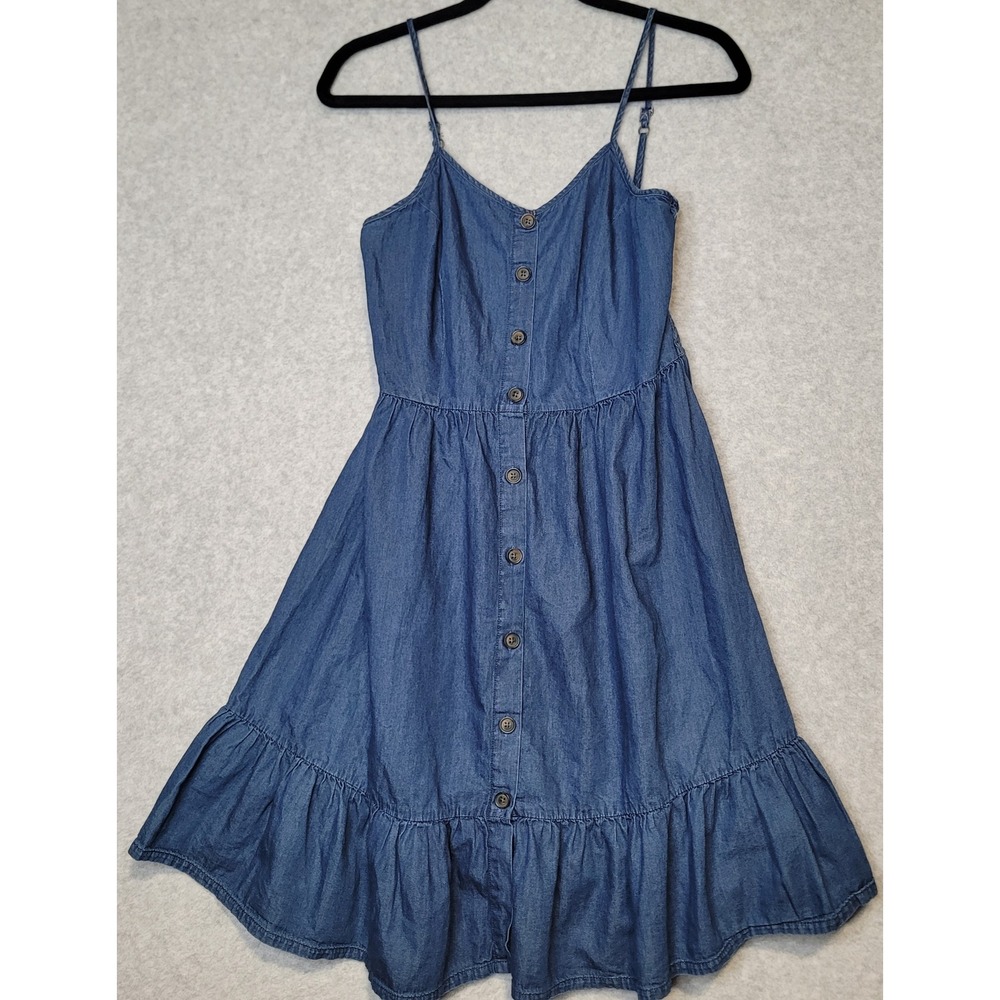 Japna Denim Button Sun Dress Medium Wash Blue Cotton Midi Ruffle Hem M Coastal